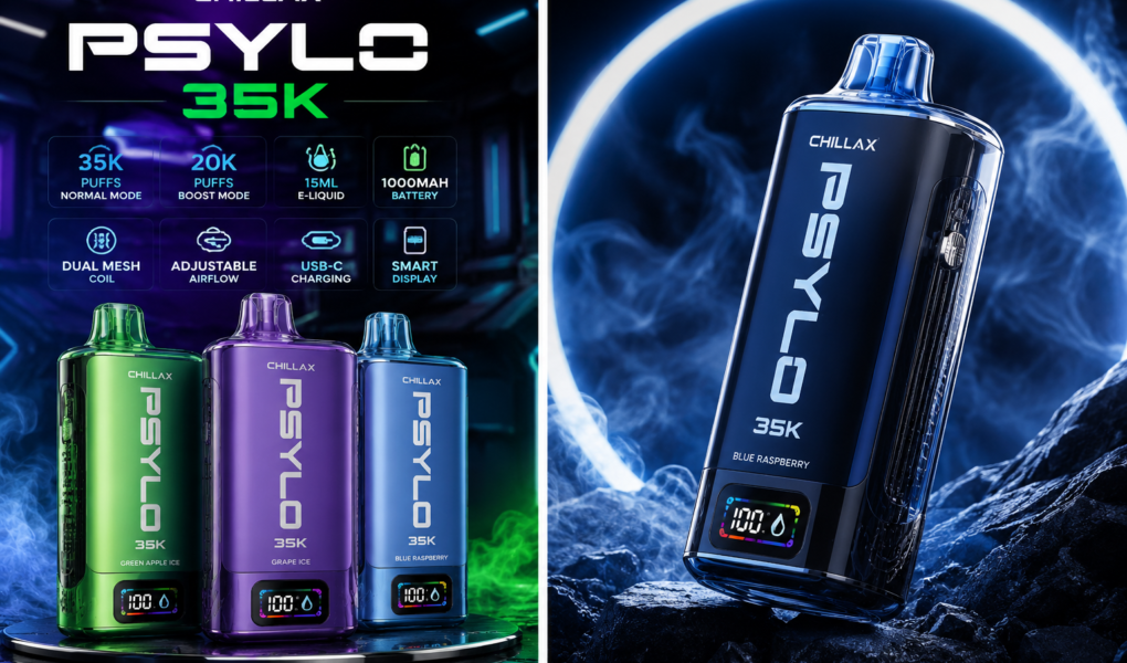 Chillax Psylo 35K disposable vape with crystal tank and dual mesh coil