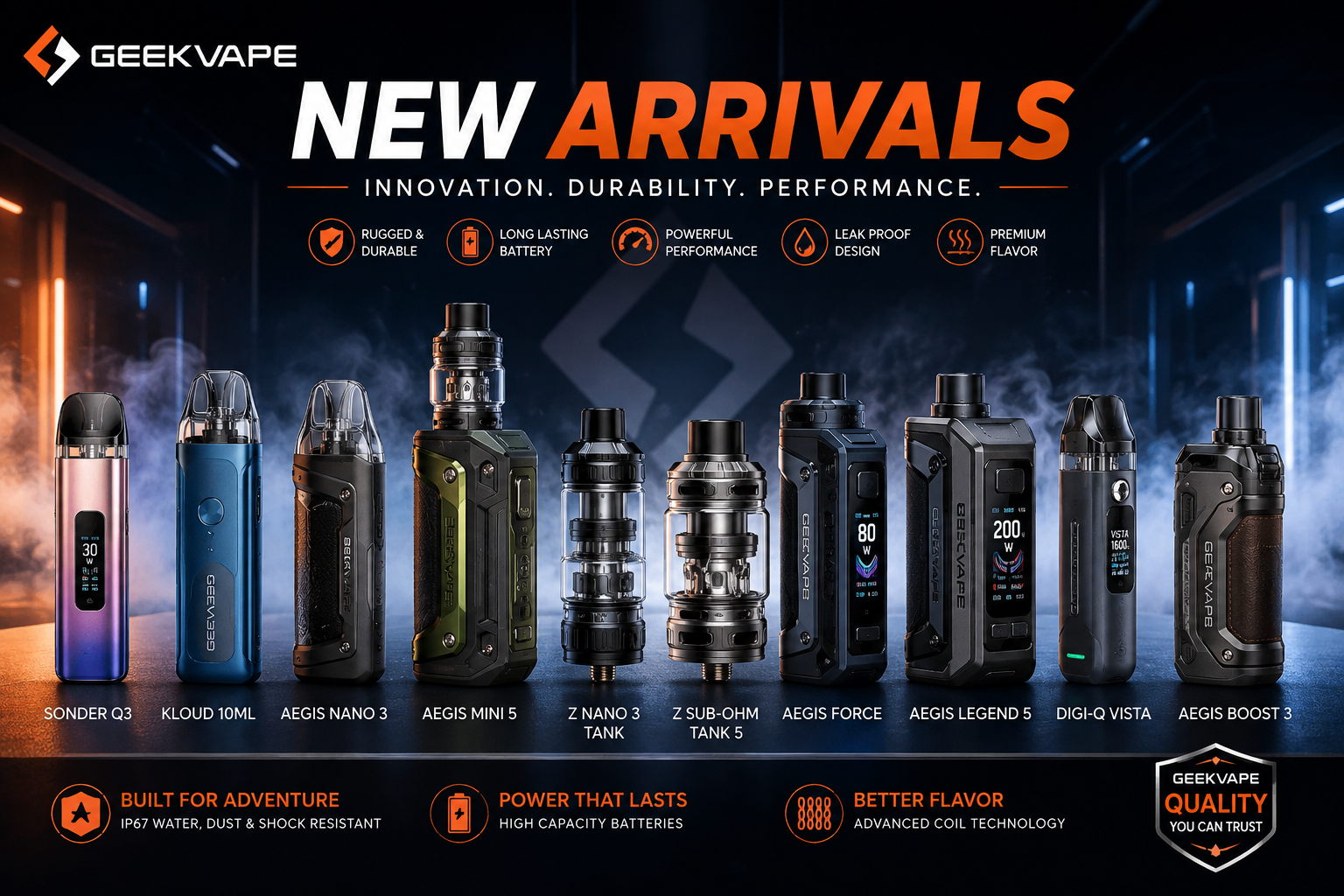 Geekvape New Arrivals featuring latest pod kits, Aegis devices and vape tanks