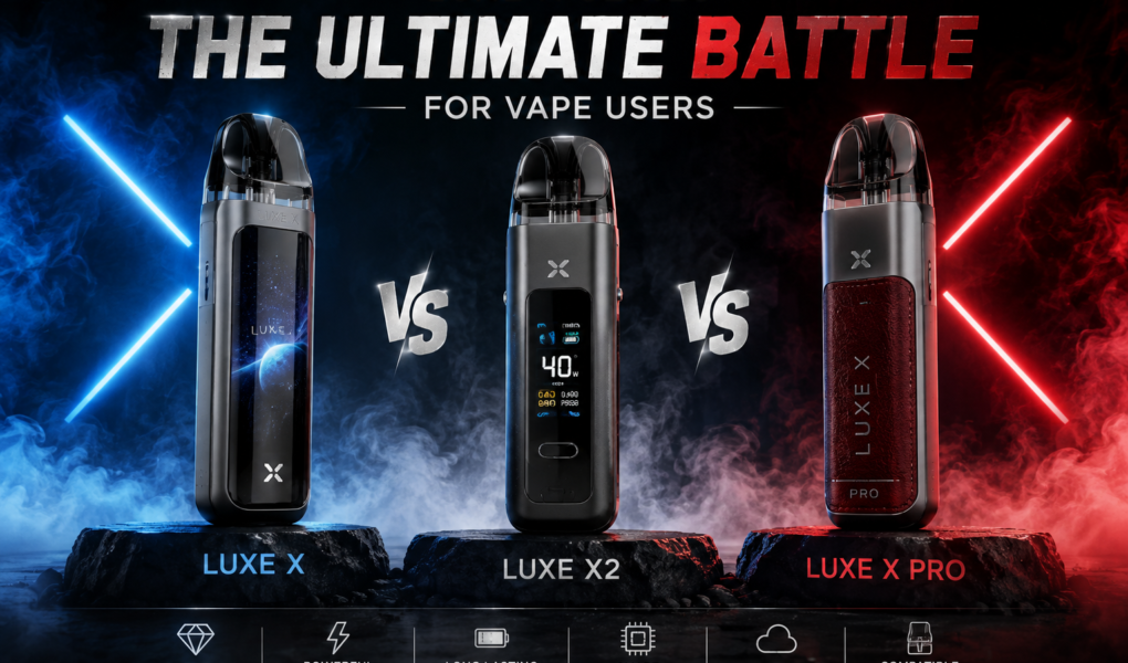 LUXE X pod-style electronic cigarette devices for an informational vaping article
