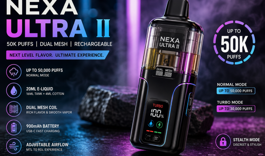 NEXA Ultra II 50K disposable vape with transparent tank and digital display