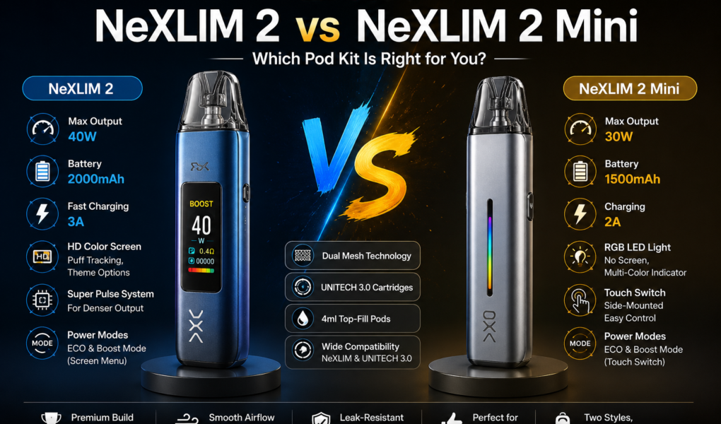 NeXLIM 2 vs NeXLIM 2 Mini comparison showing OXVA pod kits with differences in power, battery, charging, display, and design.