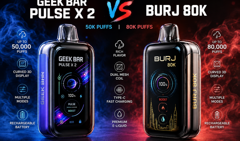 Pulse X 2 vs Burj 80K disposable vape comparison featuring curved 3D displays, high puff count, and performance modes.
