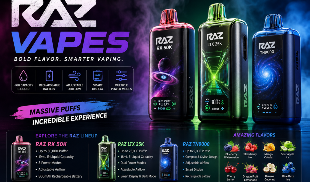 RAZ Vapes disposable vape collection featuring RX 50K, LTX 25K and TN9000 models