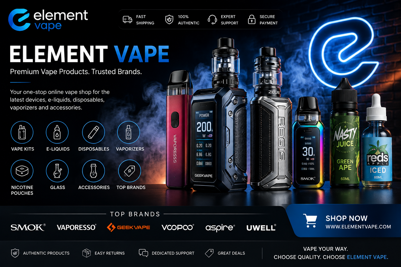 Element Vape online store featuring vape kits, e-liquids, vaporizers and accessories