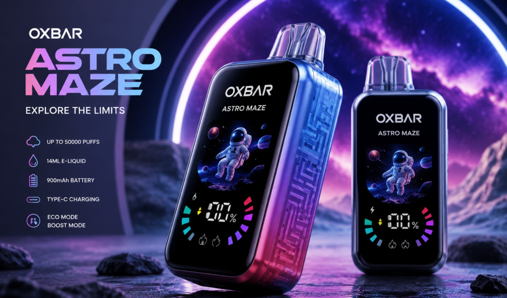OXBAR Astro Maze displayed in a modern vape shop with a customer and store associate