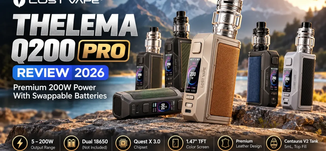 Lost Vape Thelema Q200 Pro leather box mod kit" · "Thelema Q200 Pro 1.47 inch screen and battery door"