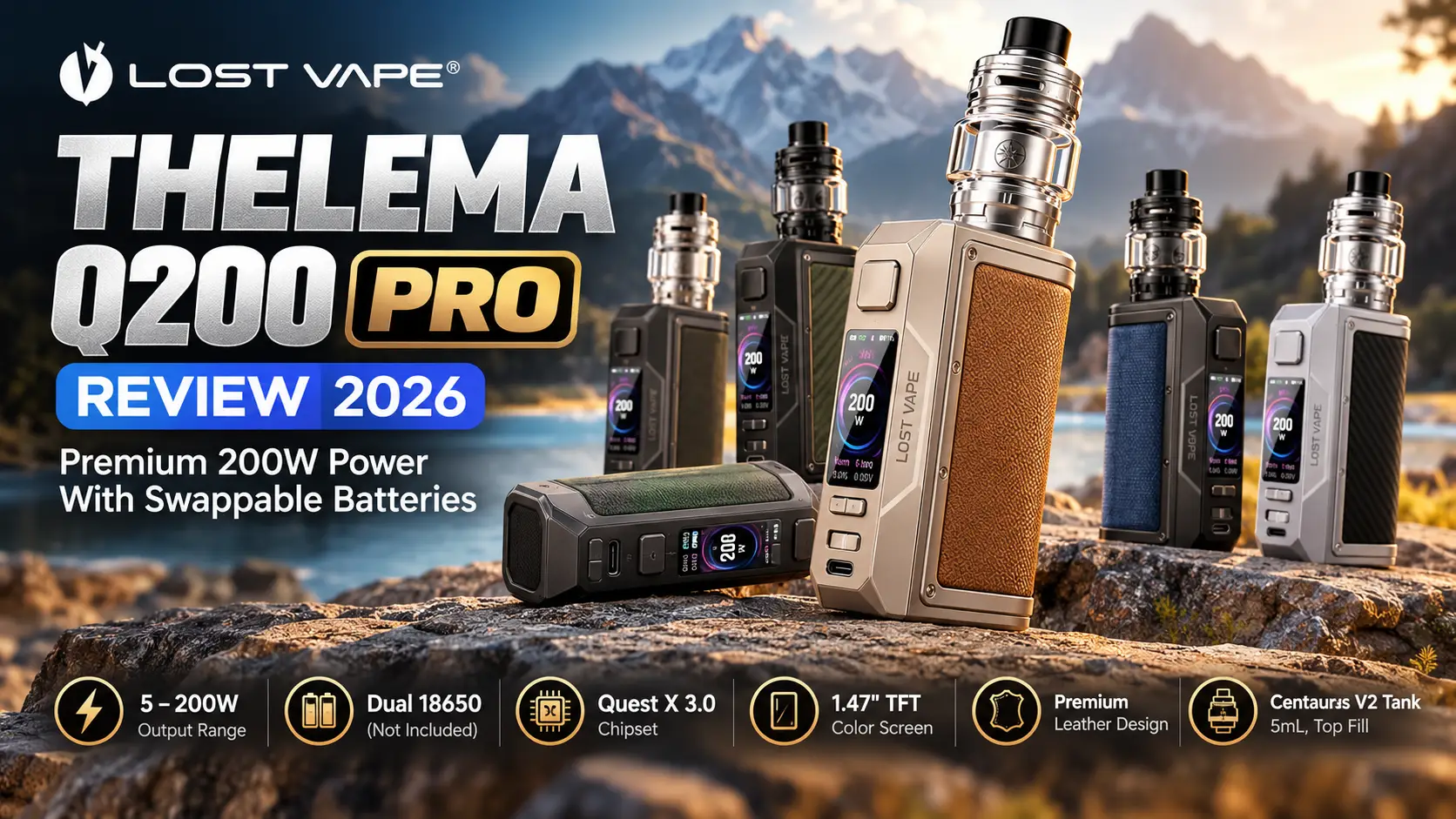 Lost Vape Thelema Q200 Pro leather box mod kit" · "Thelema Q200 Pro 1.47 inch screen and battery door"