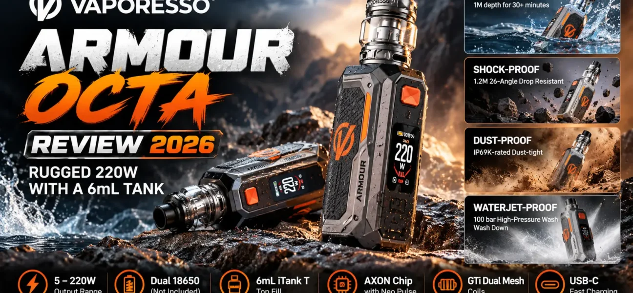 Vaporesso Armour Octa 220W kit with iTank T" · "Armour Octa rugged grip and 0.96 inch screen