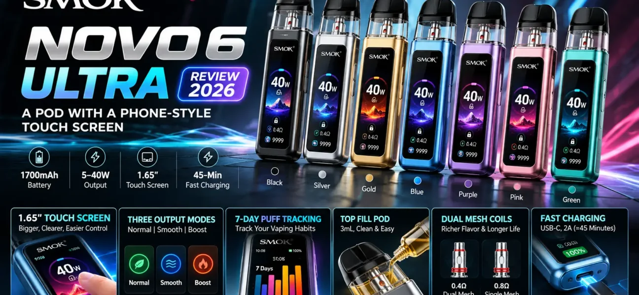 SMOK Novo 6 Ultra pod with 1.65 inch touch screen" · "SMOK Novo 6 Ultra in seven colors