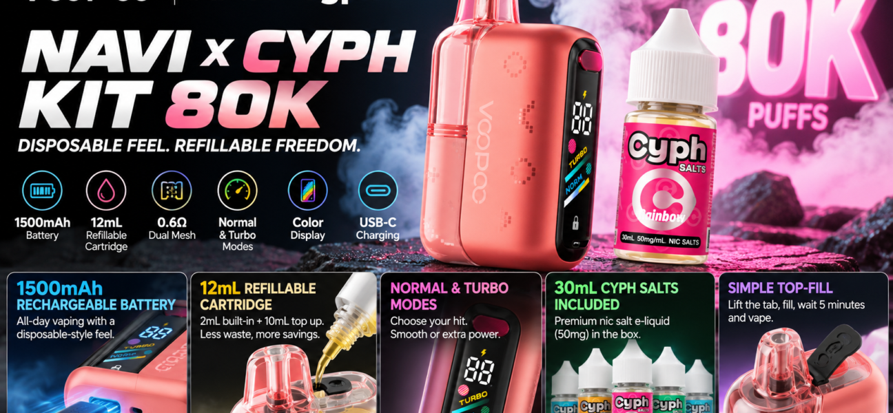 VOOPOO NAVI x Cyph 80K kit with Cyph Salts bottle" · "VOOPOO NAVI refillable cartridge being filled