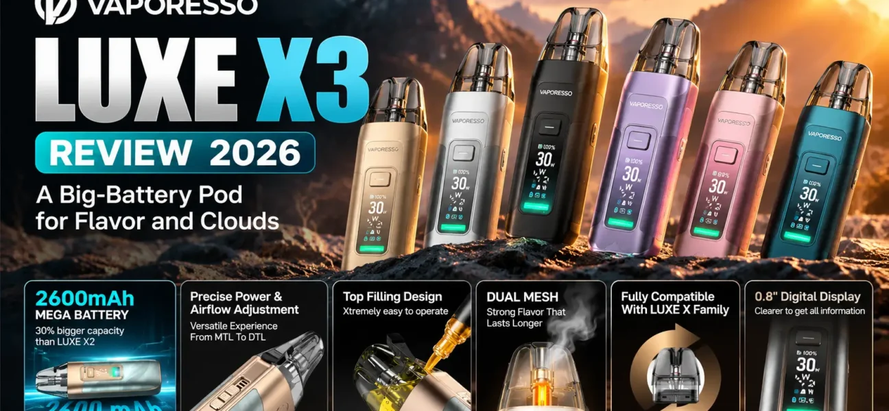 Vaporesso Luxe X3 pod mod with 5mL pod" · "Luxe X3 0.8 inch display and light strip"
