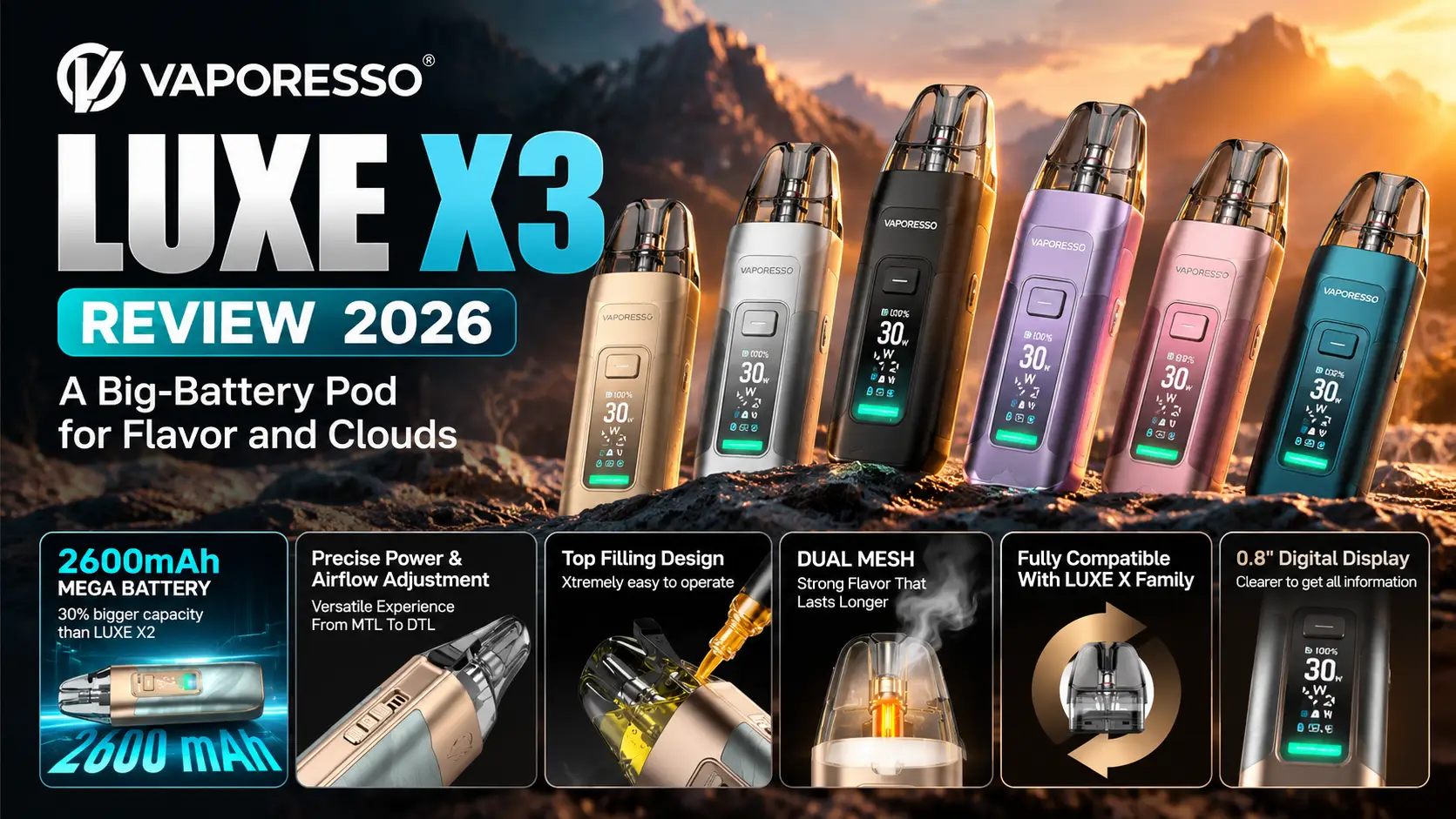 Vaporesso Luxe X3 pod mod with 5mL pod" · "Luxe X3 0.8 inch display and light strip"