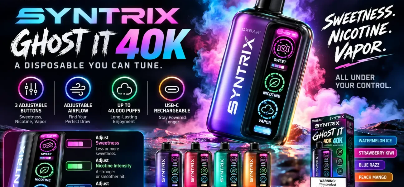 OXBAR Syntrix Ghost IT 40K disposable vape" · "Syntrix Ghost IT sweetness, nicotine and vapor buttons"