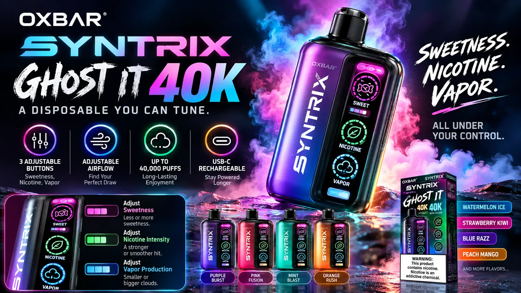 OXBAR Syntrix Ghost IT 40K disposable vape" · "Syntrix Ghost IT sweetness, nicotine and vapor buttons"