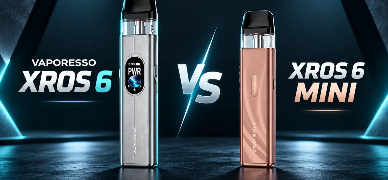 Vaporesso XROS 6 and XROS 6 Mini side by side" · "XROS 6 color screen next to XROS 6 Mini LED"