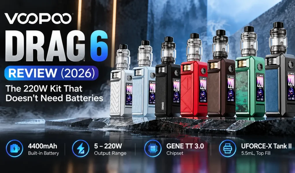 VOOPOO Drag 6 220W kit with UFORCE-X Tank II" · "VOOPOO Drag 6 rotary dial and screen close-up