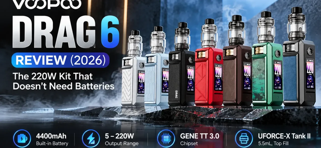 VOOPOO Drag 6 220W kit with UFORCE-X Tank II" · "VOOPOO Drag 6 rotary dial and screen close-up