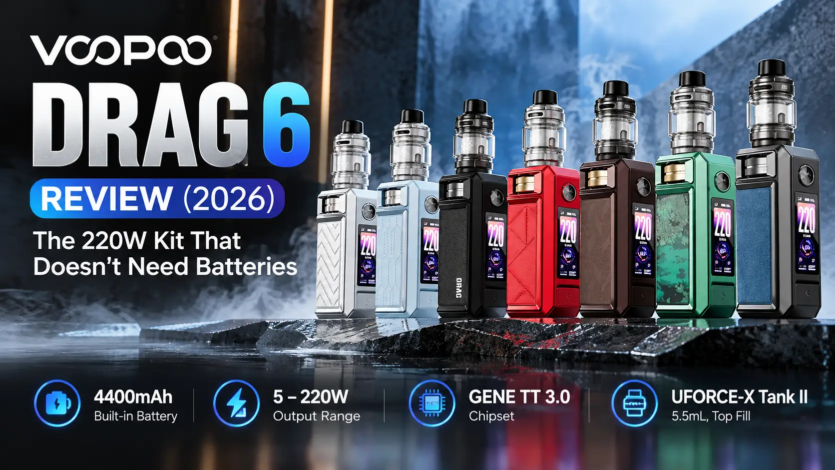VOOPOO Drag 6 220W kit with UFORCE-X Tank II" · "VOOPOO Drag 6 rotary dial and screen close-up