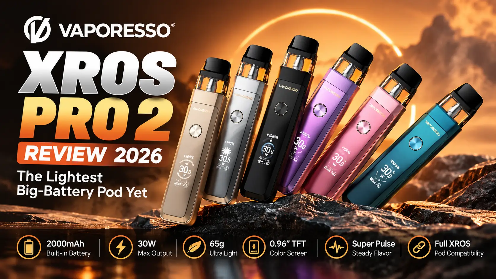 Vaporesso XROS Pro 2 pod vape in hand" · "XROS Pro 2 color screen showing battery level