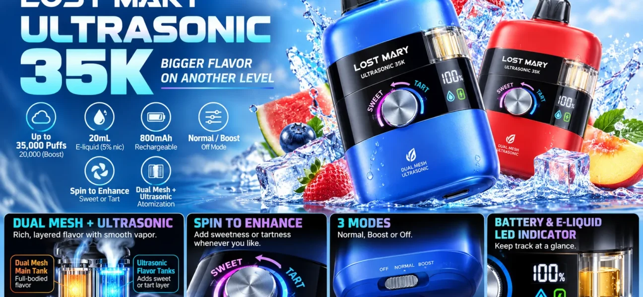 Lost Mary Ultrasonic 35K disposable with Spin to Enhance wheel" · "Lost Mary Ultrasonic 35K liquid window"