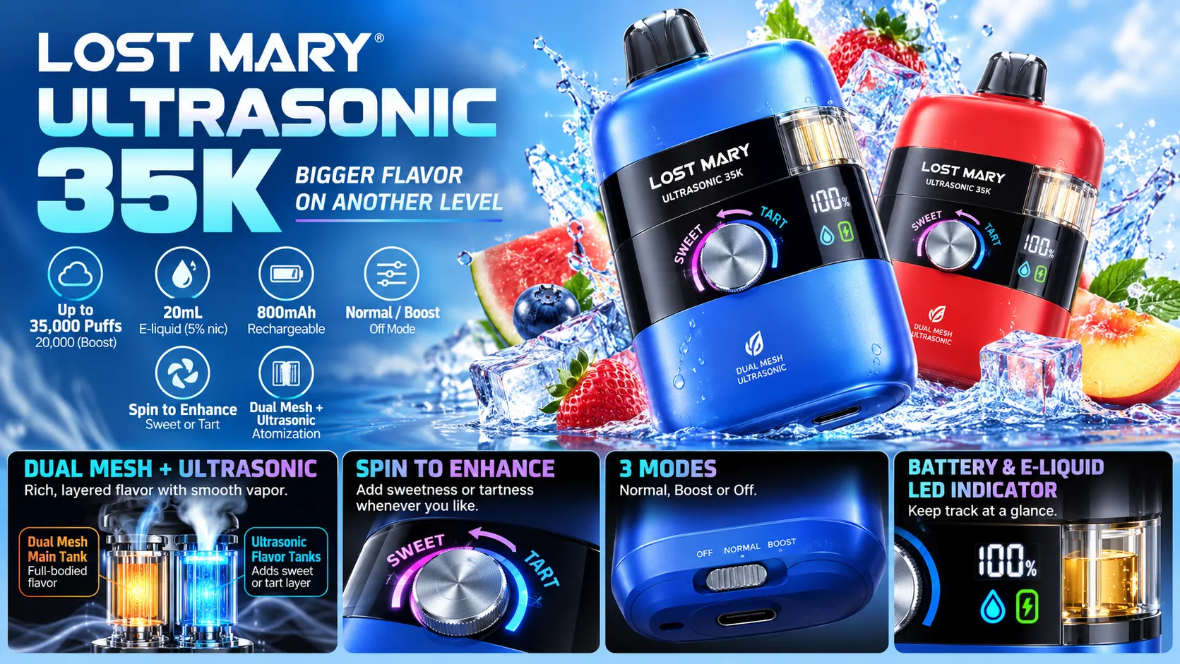 Lost Mary Ultrasonic 35K disposable with Spin to Enhance wheel" · "Lost Mary Ultrasonic 35K liquid window"