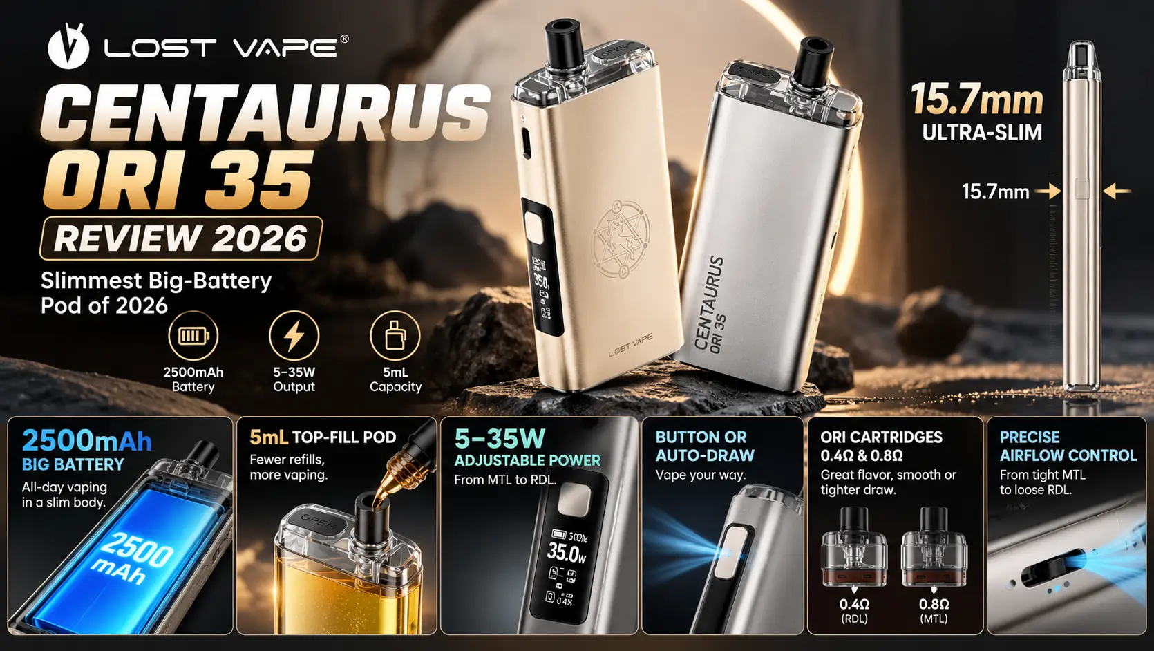 Lost Vape Centaurus Ori 35 slim pod vape" · "Centaurus Ori 35 side profile showing 15.7mm thickness
